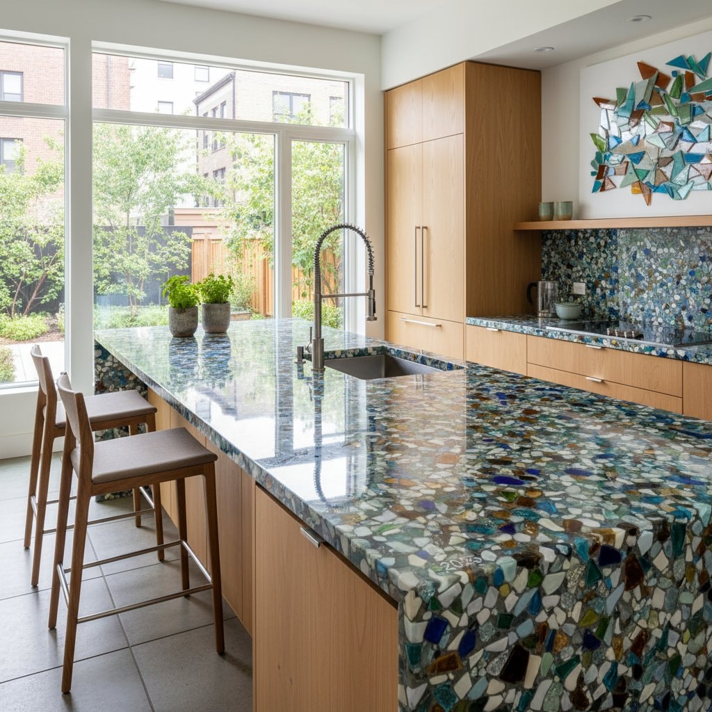 Featured image for Recycled Glass Counters: 80% Waste Into Kitchen Beauty