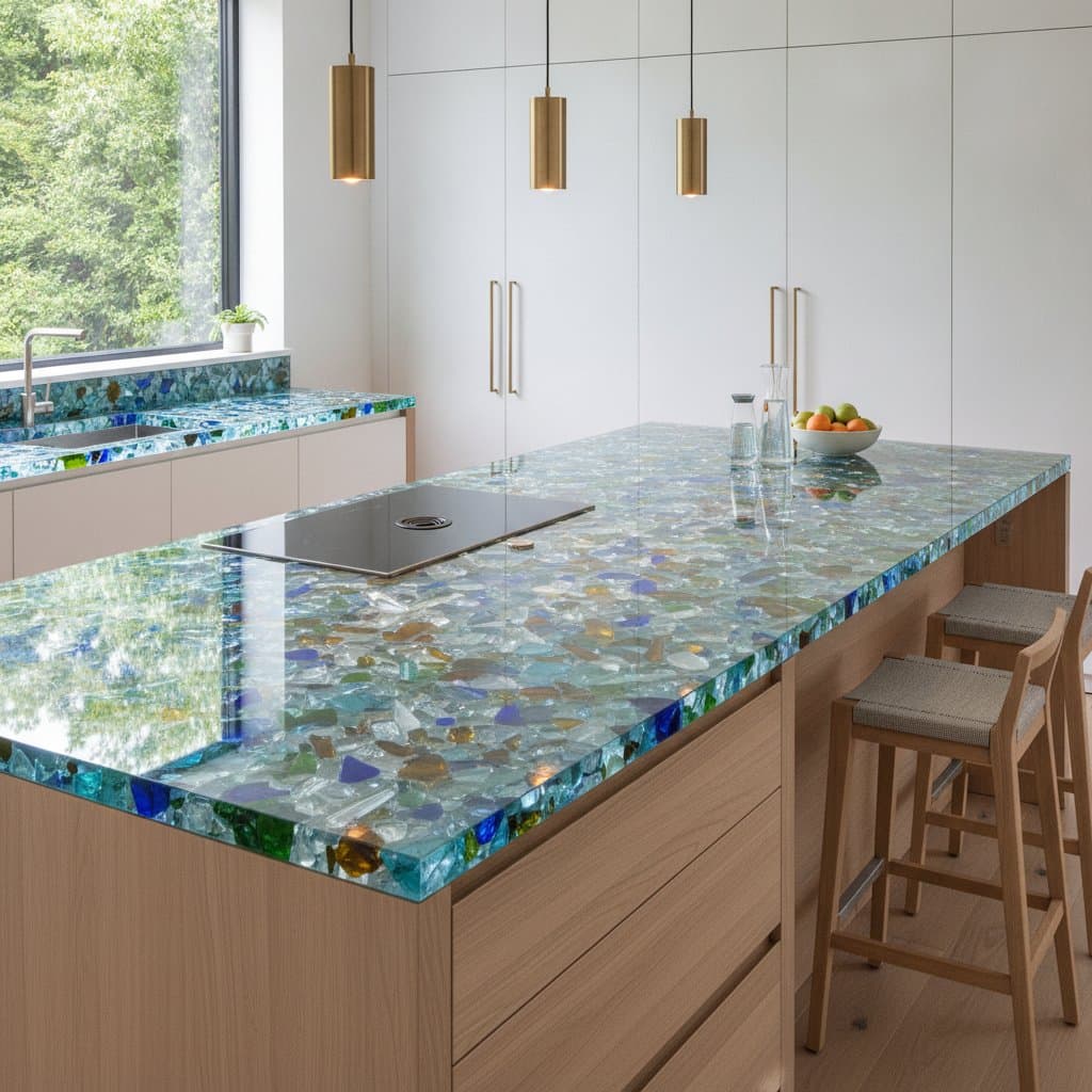 Featured image for Recycled Glass Countertops Turn Waste Into Kitchen Art